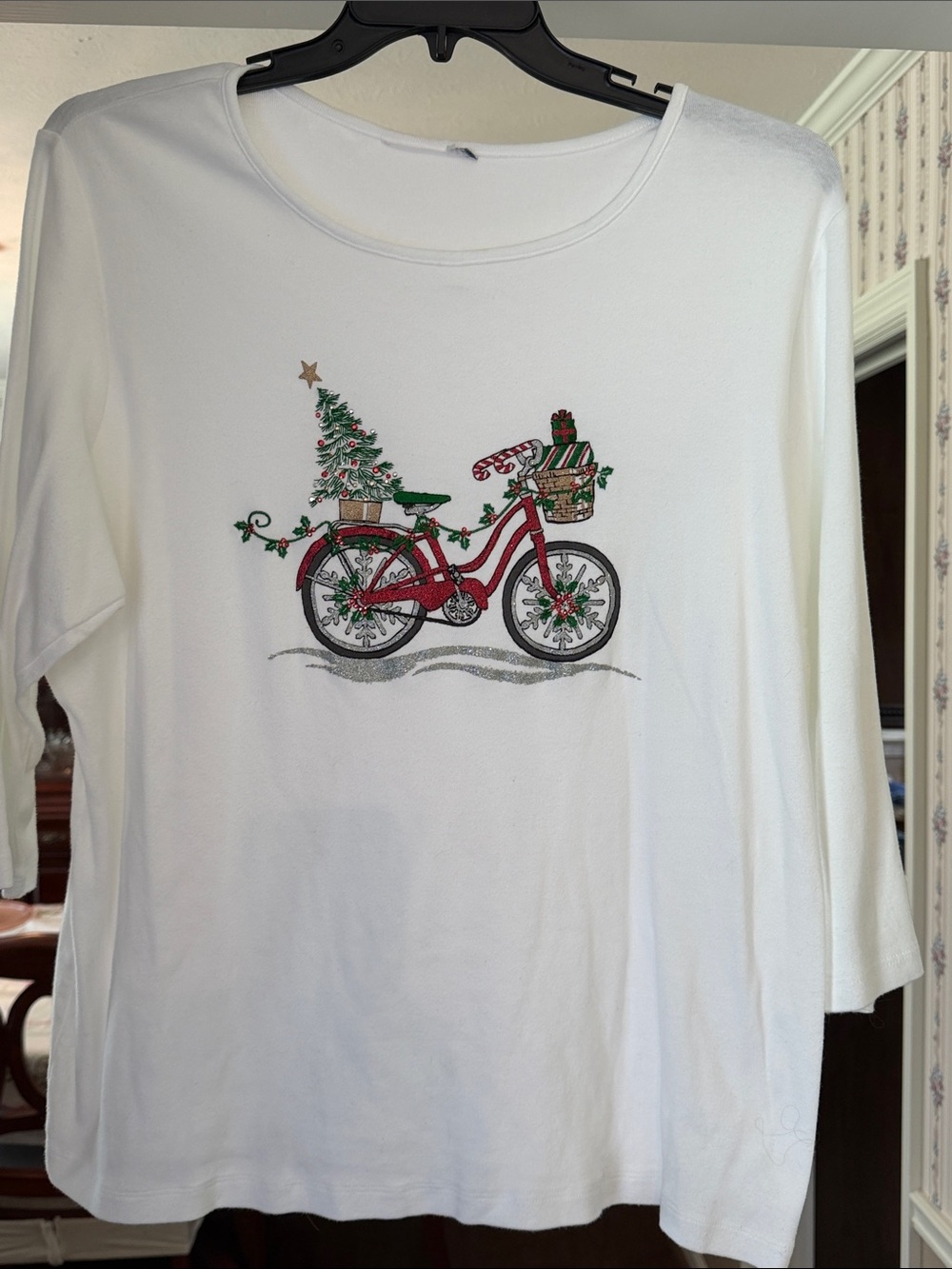 Karen Scott White Holiday Bicycle Graphic 3/4 Sleeve Tee